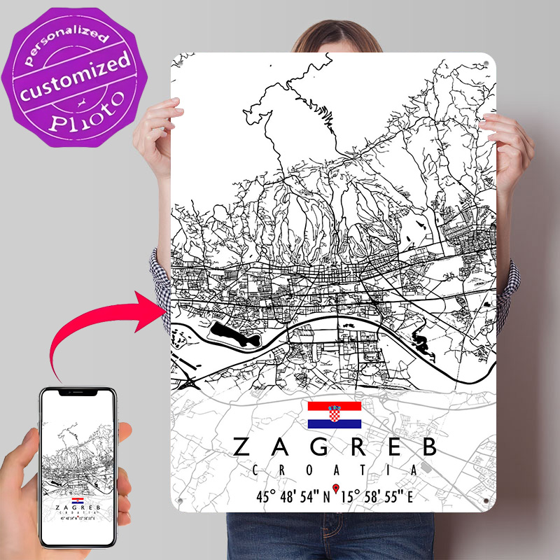 Home Decor Zagreb - ZAGREB KAART KROATIË 3D Textuur Metalen