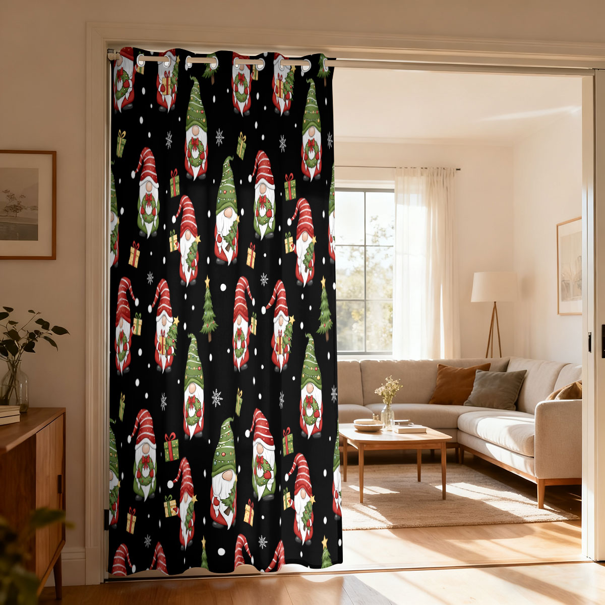 Home Decor Xmas Gifts - Kerstdwerg Kerstboom Cadeau Print Enkelvoudig lusgordijn,